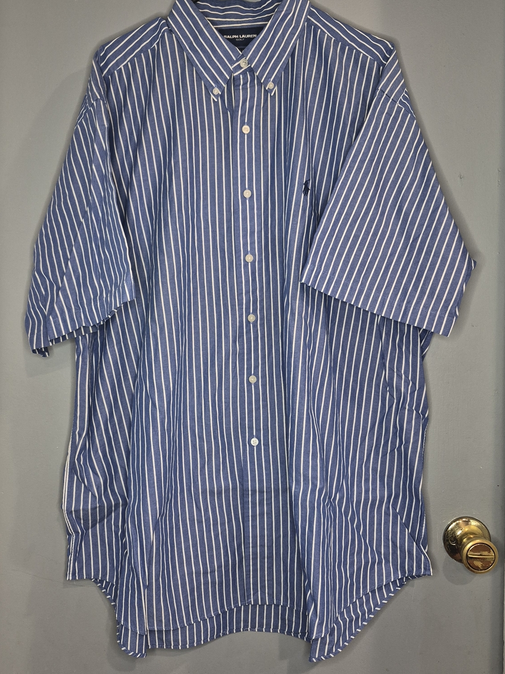 Ralph Lauren Blue Stripe Short-Sleeve Button-Down Shirt Cotton XXL